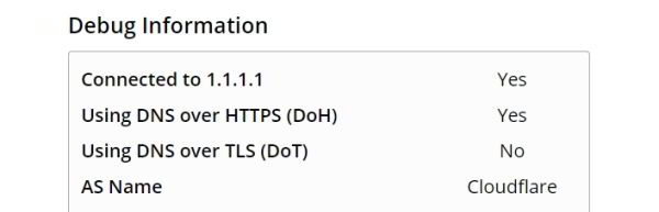 DNS-over-HTTPS: ověření funkčnosti na webu Cloudfare (Zdroj: 1.1.1.1) DNS-over-HTTPS: ověření funkčnosti na webu Cloudfare (Zdroj: 1.1.1.1)