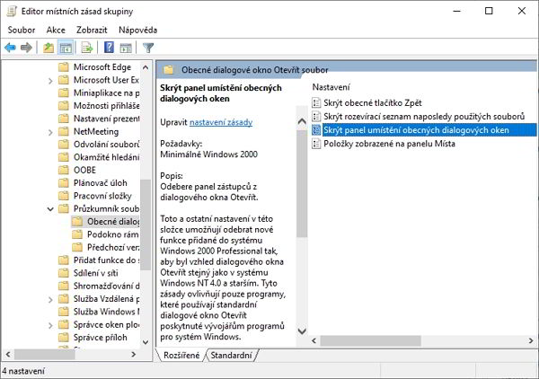 WIN + R - gpedit.msc - Konfigurace uživatele - Šablony pro správu - Součásti systému Windows - Průzkumník souborů - Obecné dialogové okno Otevřít soubor;  vpravo najdeme položku Skrýt panel umístění obecných dialogových oken - zvolíme Povoleno - potvrdíme Použít a OK - odhlásíme se a opětovně přihlásíme k uživatelskému účtu Windows 10