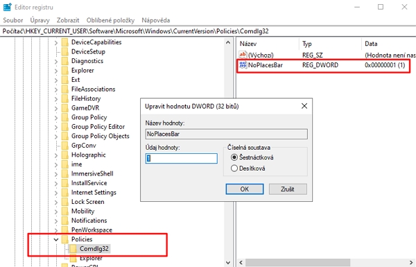  WIN + R - regedit - HKEY_CURRENT_USER\Software\Microsoft\Windows\CurrentVersion\Policies\Comdlg32 - Nový - Hodnota DWORD 32bitová - NoPlacesBar - Údaj hodnoty 1 - OK - Použít - odhlásit a znovu přihlásit k uživatelskému účtu Windows