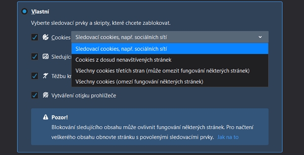 Rozšířená ochrana proti sledování umožňuje detailně konfigurovat blokované prvky Rozšířená ochrana proti sledování umožňuje detailně konfigurovat blokované prvky