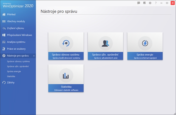 Až na Statistiky WinOptimizeru samotného jsou zde správci rozličných prvků Windows Až na Statistiky WinOptimizeru samotného jsou zde správci rozličných prvků Windows