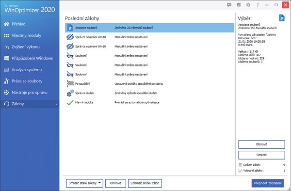 WinOptimizeru se daří zálohovat všechny prováděné změny WinOptimizeru se daří zálohovat všechny prováděné změny