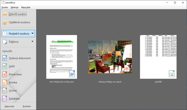 Výchozí rozhraní aplikačního balíku LibreOffice má barevnější ikonky, které přidává i do náhledů posledních dokumentů Výchozí rozhraní aplikačního balíku LibreOffice má barevnější ikonky, které přidává i do náhledů posledních dokumentů