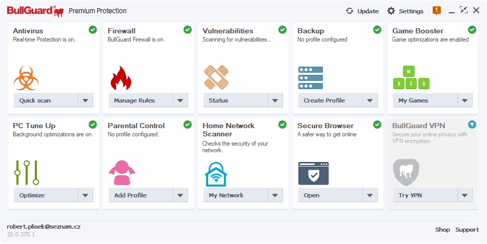 Výchozí obrazovka všech operací BullGuard je velmi prostá - ale dala by se i doladit Výchozí obrazovka všech operací BullGuard je velmi prostá - ale dala by se i doladit