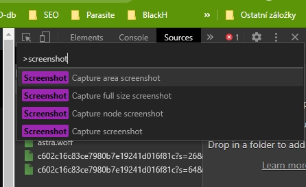 Ve vývojářské konzoli (F12) vyvoláme příkazový řádek (CTRL + SHIFT + P), začneme psát příkaz screenshot a zvolíme jeho variantu Ve vývojářské konzoli (F12) vyvoláme příkazový řádek (CTRL + SHIFT + P), začneme psát příkaz screenshot a zvolíme jeho variantu