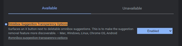 Navigujeme chrome://flags - Omnibox Suggetion Transparency Options - Enabled - restart