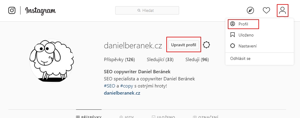 Navigujete Instagram - Profil - Upravit profil  Navigujete Instagram - Profil - Upravit profil