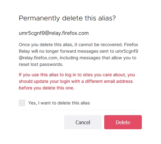 Varování před finálním smazáním aliasu (Zdroj: Firefox Relay) Varování před finálním smazáním aliasu (Zdroj: Firefox Relay)