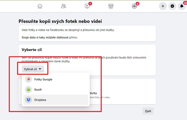 V sekci přenosu kopií vybereme cíl přenos - Dropbox či Koofr V sekci přenosu kopií vybereme cíl přenos - Dropbox či Koofr