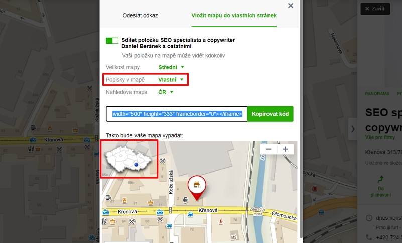 Vlastní popisky a náhledová mapka ČR ve sdílené mapě (Zdroj: Mapy.cz)  Vlastní popisky a náhledová mapka ČR ve sdílené mapě (Zdroj: Mapy.cz)