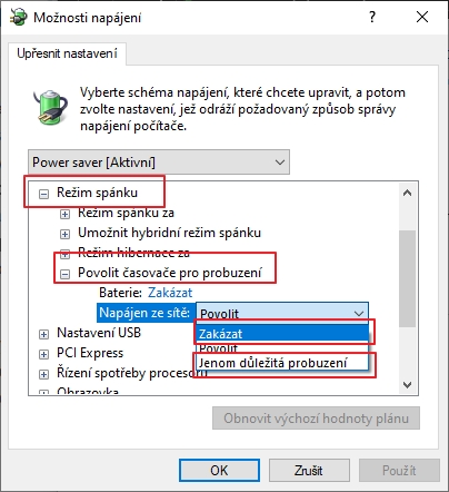 Možnosti napájení - Režim spánku - Povolit plánovače probuzení - a pro režim napájení z baterie a ze sítě nastavíme pro každý zvlášť časovače buď na Zakázat nebo mírnější volbu Jenom důležitá probuzení Možnosti napájení - Režim spánku - Povolit plánovače probuzení - a pro režim napájení z baterie a ze sítě nastavíme pro každý zvlášť časovače buď na Zakázat nebo mírnější volbu Jenom důležitá probuzení