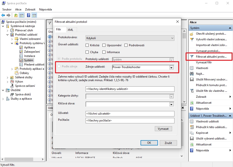Protokoly události systému lze filtrovat pomocí volby Power-Troubleshooter Protokoly události systému lze filtrovat pomocí volby Power-Troubleshooter