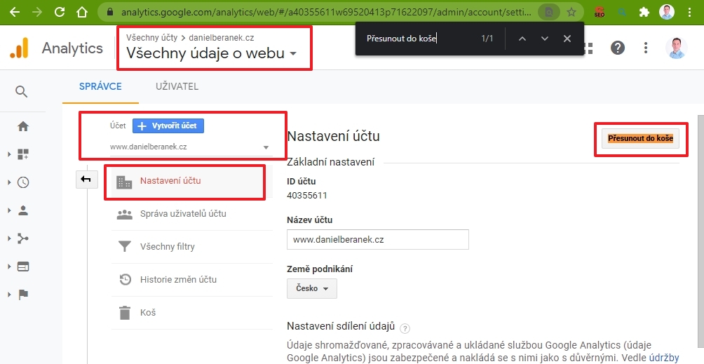 Vybereme Účet Analytics a navigujeme Správce - Účet - Nastavení účtu - odklikneme Přesunout do koše (Zdroj: Google Analytics) Vybereme Účet Analytics a navigujeme Správce - Účet - Nastavení účtu - odklikneme Přesunout do koše (Zdroj: Google Analytics)