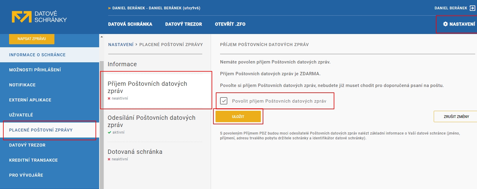 Navigujte Nastavení - Placené poštovní zprávy - Příjem Poštovních datových Zpráv - Povolit příjem Poštovních datových zpráv a zvolte Uložit Navigujte Nastavení - Placené poštovní zprávy - Příjem Poštovních datových Zpráv - Povolit příjem Poštovních datových zpráv a zvolte Uložit