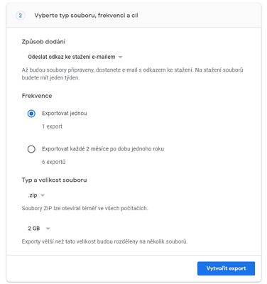 Vybereme cíl, frekvenci, typ exportního archivu a velikost jednotlivých souborů