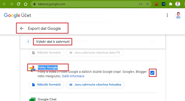 Postupujeme Export dat Google - Vytvoření nového exportu - Fotky Google - Další krok