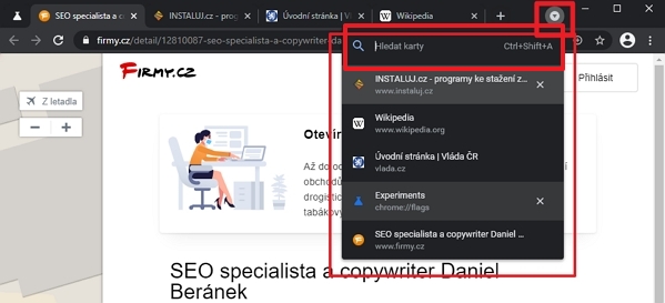 Horizontální menu otevřených panelů a kolonka pro vyhledávání mezi nimi Horizontální menu otevřených panelů a kolonka pro vyhledávání mezi nimi
