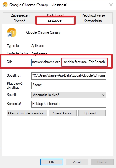 Upravíme zástupce - Vlastnosti - Cíl - a to tím, že za systémovou cestu přidáme --enable-features=TabSearch Upravíme zástupce - Vlastnosti - Cíl - a to tím, že za systémovou cestu přidáme --enable-features=TabSearch