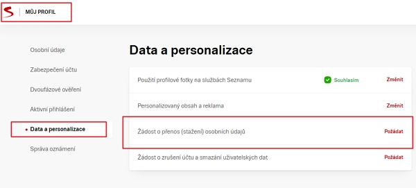 Navigujte Profil.seznam.cz - Data a personalizace - Žádost o přenos (stažení) osobních údajů - Požádat - autentizujte se zadáním přihlašovacího jména a hesla Navigujte Profil.seznam.cz - Data a personalizace - Žádost o přenos (stažení) osobních údajů - Požádat - autentizujte se zadáním přihlašovacího jména a hesla