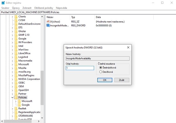 V HKEY_LOCAL_MACHINE\SOFTWARE\Policies vytvoříme složky Google - Chrome - hodnotu IncognitoModeAvailability a upravíme ji na 1 či 2 V HKEY_LOCAL_MACHINE\SOFTWARE\Policies vytvoříme složky Google - Chrome - hodnotu IncognitoModeAvailability a upravíme ji na 1 či 2
