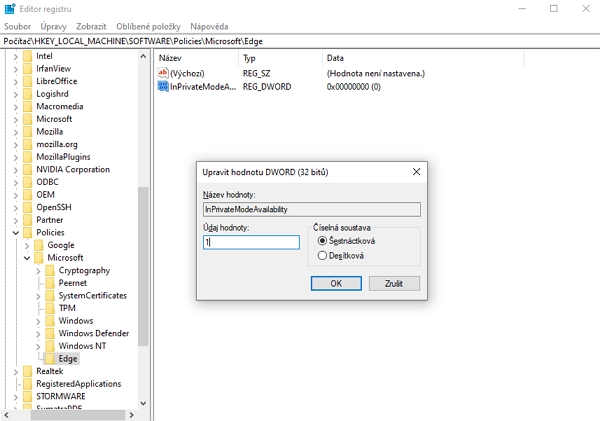 V HKEY_LOCAL_MACHINE\SOFTWARE\Policies\Microsoft vytvoříme složku Edge - hodnotu InPrivateModeAvailability a upravíme ji na 1 či 2