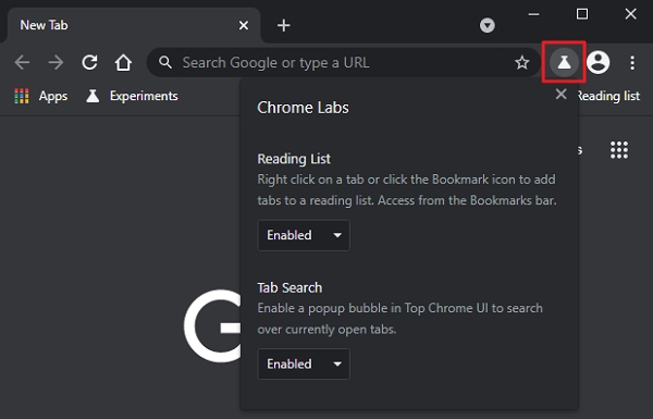Rozhraní Chrome Labs v Chrome Canary nabízí zatím jen Reading List a Tab Search  (Zdroj: Google Chrome Canary)