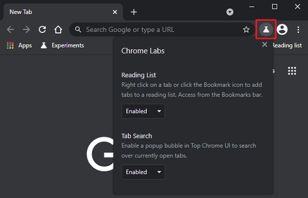 Rozhraní Chrome Labs v Chrome Canary nabízí zatím jen Reading List a Tab Search  (Zdroj: Google Chrome Canary) Rozhraní Chrome Labs v Chrome Canary nabízí zatím jen Reading List a Tab Search  (Zdroj: Google Chrome Canary)