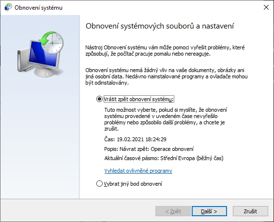 V dialogovém okně nástroje Obnovení systému zvolte bod obnovy Windows (Zdroj: Windows 10) V dialogovém okně nástroje Obnovení systému zvolte bod obnovy Windows (Zdroj: Windows 10)