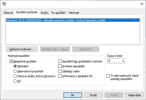 Nouzový režim lze vyvolat i přes Konfiguraci systému: WIN + R - msconfig - karta Spuštění počítače - Bezpečné spuštění - OK a restart (Zdroj: Windows 10) Nouzový režim lze vyvolat i přes Konfiguraci systému: WIN + R - msconfig - karta Spuštění počítače - Bezpečné spuštění - OK a restart (Zdroj: Windows 10)