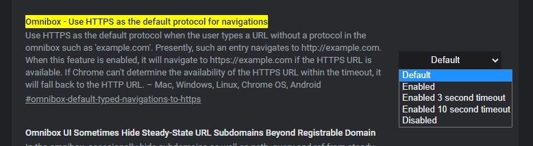 Navigujte chrome://flags - Omnibox - Use HTTPS as the default protocol for navigations - vyberte jednu z hodnot Enabled... - restartujte Chrome (Zdroj: Google Chrome) Navigujte chrome://flags - Omnibox - Use HTTPS as the default protocol for navigations - vyberte jednu z hodnot Enabled... - restartujte Chrome (Zdroj: Google Chrome)