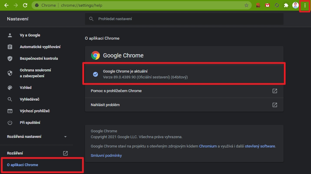 Navigujte ikonka 3 teček - Nastavení - O aplikaci Chrome - a ověřte verzi prohlížeče (Zdroj: Google Chrome) Navigujte ikonka 3 teček - Nastavení - O aplikaci Chrome - a ověřte verzi prohlížeče (Zdroj: Google Chrome)