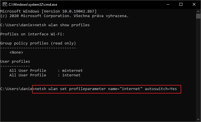 Automatické přepnutí na daném profilu aktivujeme příkazem netsh wlan set profileparameter name (Zdroj: Windows 10) Automatické přepnutí na daném profilu aktivujeme příkazem netsh wlan set profileparameter name (Zdroj: Windows 10)