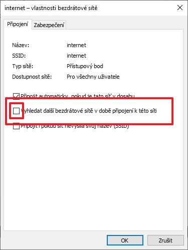 Na kartě Připojení zaškrtnete položku Vyhledat další bezdrátové sítě v době připojení k této síti (Zdroj: Windows 10) Na kartě Připojení zaškrtnete položku Vyhledat další bezdrátové sítě v době připojení k této síti (Zdroj: Windows 10)