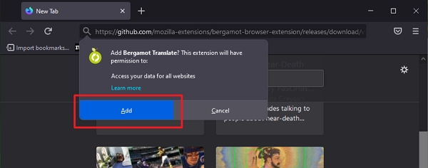 Stažené rozšíření bergamot-browser-extension-0.3.0-firefox-infobar-ui.dev-root-signed.xpi povolíme jako kterýkoliv jiný doplněk Firefoxu (Zdroj: Firefox Nightly) Stažené rozšíření bergamot-browser-extension-0.3.0-firefox-infobar-ui.dev-root-signed.xpi povolíme jako kterýkoliv jiný doplněk Firefoxu (Zdroj: Firefox Nightly)