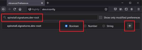 Firefox Nightly - about:config - xpinstall.signatures.dev-root - přidat pomocí ikonky plus (Zdroj: Firefox Nightly) Firefox Nightly - about:config - xpinstall.signatures.dev-root - přidat pomocí ikonky plus (Zdroj: Firefox Nightly)