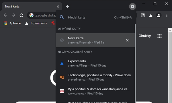 Funkcionality Hledat karty je nově rozšířena o kategorii Nedávno zavřené karty (Zdroj: Google Chrome Canary) Funkcionality Hledat karty je nově rozšířena o kategorii Nedávno zavřené karty (Zdroj: Google Chrome Canary)