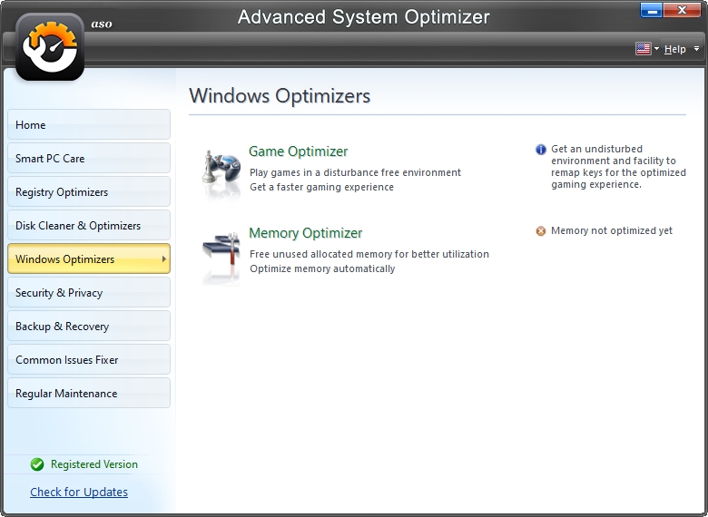 V sekci Windows je optimalizace her a paměti (Zdroj: Advanced System Optimizer)