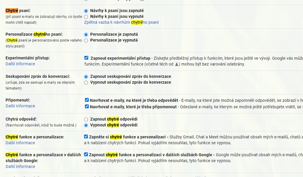 Selektivně nastavíme požadovanou konfiguraci chytrých funkcí (Zdroj: Mail.google.com) Selektivně nastavíme požadovanou konfiguraci chytrých funkcí (Zdroj: Mail.google.com)