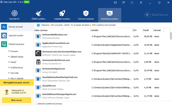 Monitor procesů jen zbytečně duplikuje Správce úloh Windows (Zdroj: Wise Care 365)