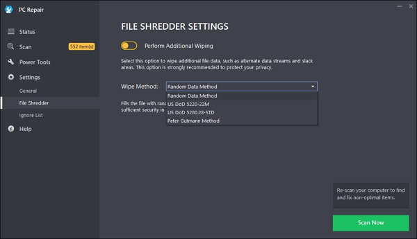 Nastavení zaujme jen upřesněním konfigurace skartovačky dat (Zdroj: Outbyte PC Repair) Nastavení zaujme jen upřesněním konfigurace skartovačky dat (Zdroj: Outbyte PC Repair)