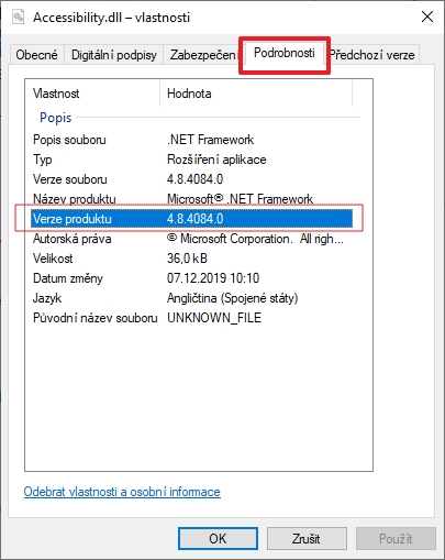 Na Accessibility.dll otevřete kontextové menu - Vlastnosti - Podrobnosti - Verze produktu (Zdroj: Windows 10) Na Accessibility.dll otevřete kontextové menu - Vlastnosti - Podrobnosti - Verze produktu (Zdroj: Windows 10)