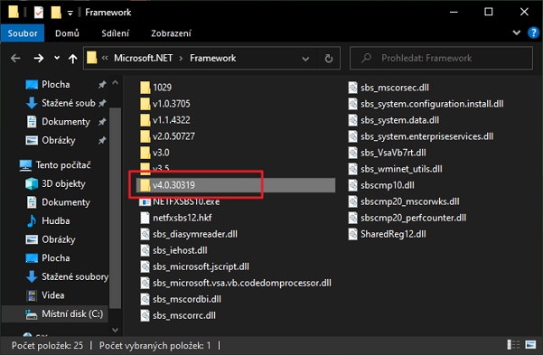 Otevřete Průzkumníka souboru - systémové umístění C:\Windows\Microsoft.NET\Framework (Zdroj: Windows 10) Otevřete Průzkumníka souboru - systémové umístění C:\Windows\Microsoft.NET\Framework (Zdroj: Windows 10)