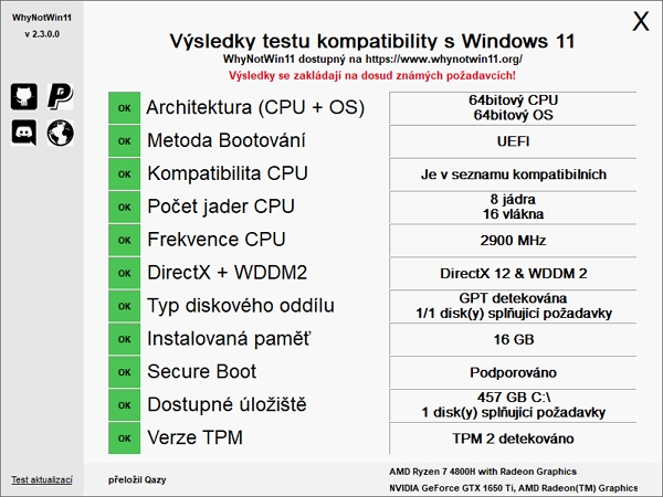 Výsledku testu kompatibility zařízení s Windows 11 v nástroji WhyNotWin11 (Zdroj: WhyNotWin11) Výsledku testu kompatibility zařízení s Windows 11 v nástroji WhyNotWin11 (Zdroj: WhyNotWin11)