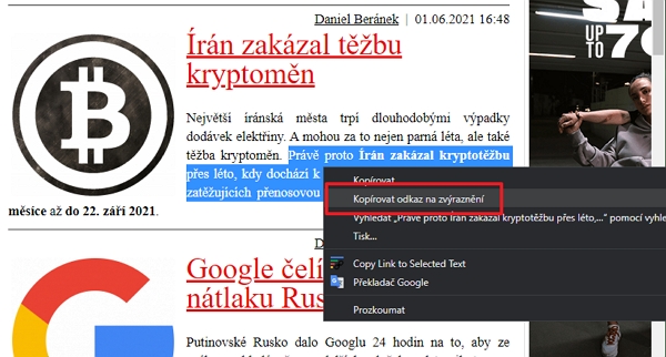 Zvýrazněte text levým myšítkem - přes pravé myšítko a kontextové menu zvolte Kopírovat odkaz na zvýraznění (Zdroj: Google Chrome) Zvýrazněte text levým myšítkem - přes pravé myšítko a kontextové menu zvolte Kopírovat odkaz na zvýraznění (Zdroj: Google Chrome)