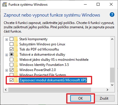 Otevřete rozhraní Funkce systému Windows - Zapisovací modul dokumentů Microsoft XPS - odškrtněte - potvrďte OK - restartujte systém (Zdroj: Windows)