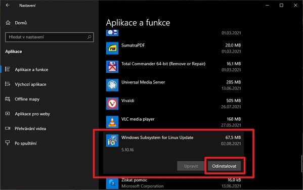 V aplikaci Nastavení přejdeme na Aplikace a v sekci Aplikace a funkce vyhledáme položku Windows Subsystem for Linux a dáme odinstalovat (Zdroj: Windows 10) V aplikaci Nastavení přejdeme na Aplikace a v sekci Aplikace a funkce vyhledáme položku Windows Subsystem for Linux a dáme odinstalovat (Zdroj: Windows 10)