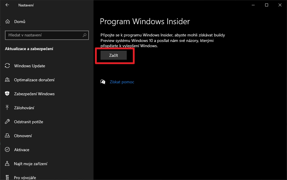 Navigujeme do Nastavení - Aktualizace a zabezpečení - Program Windows Insider a zvolíme Začít (Zdroj: Windows 10)