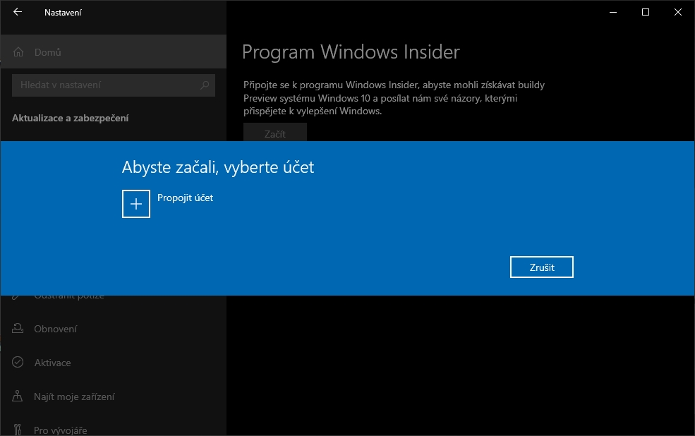 Pro přihlášení se do programu Windows Insider musíme propojit Windows se svým Microsoft účtem (Zdroj: Windows 10)