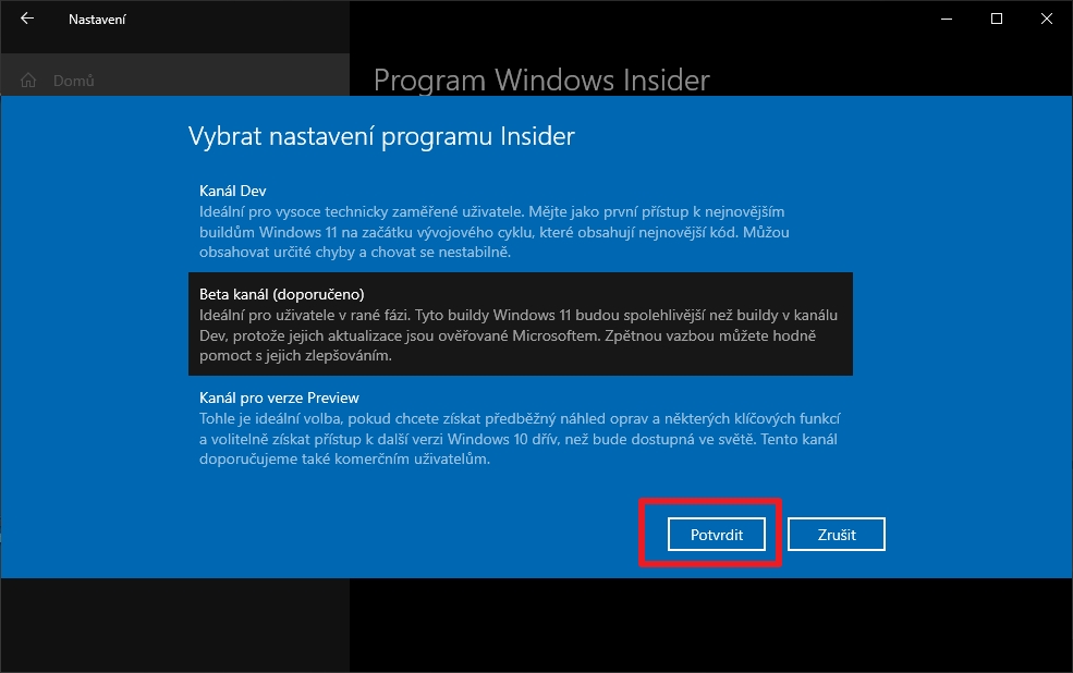 Vybereme si kanál programu Windows Insider (Zdroj: Windows 10)