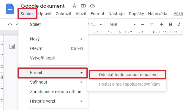 V hlavním menu přejdeme na Soubor - E-mail - Odeslat tento soubor e-mailem (Zdroj: Disk Google)